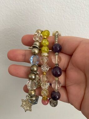 Handcrafted Multi-Bead Women's Bracelet Set - Yellow, Purple & Clear Beads